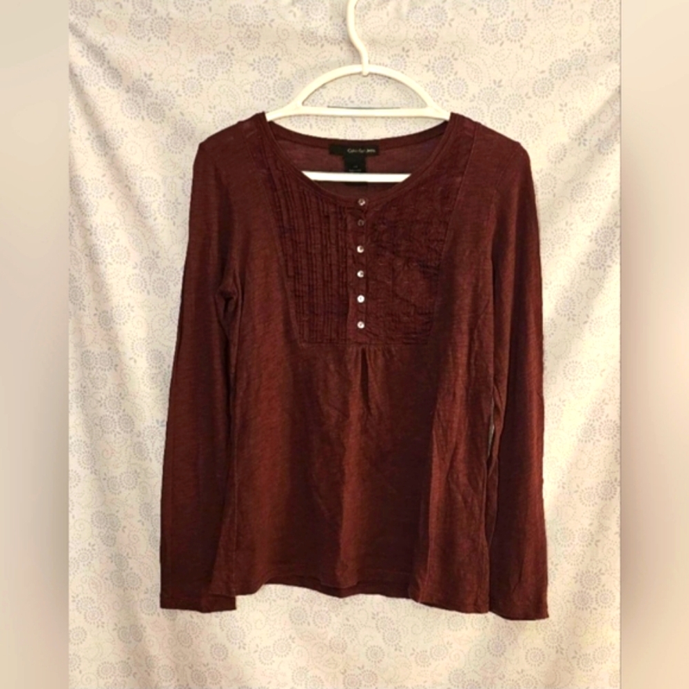 ✨️ Calvin Klein Pintuck Henley Top Large Wine Burgundy Casual Women’s Shirt